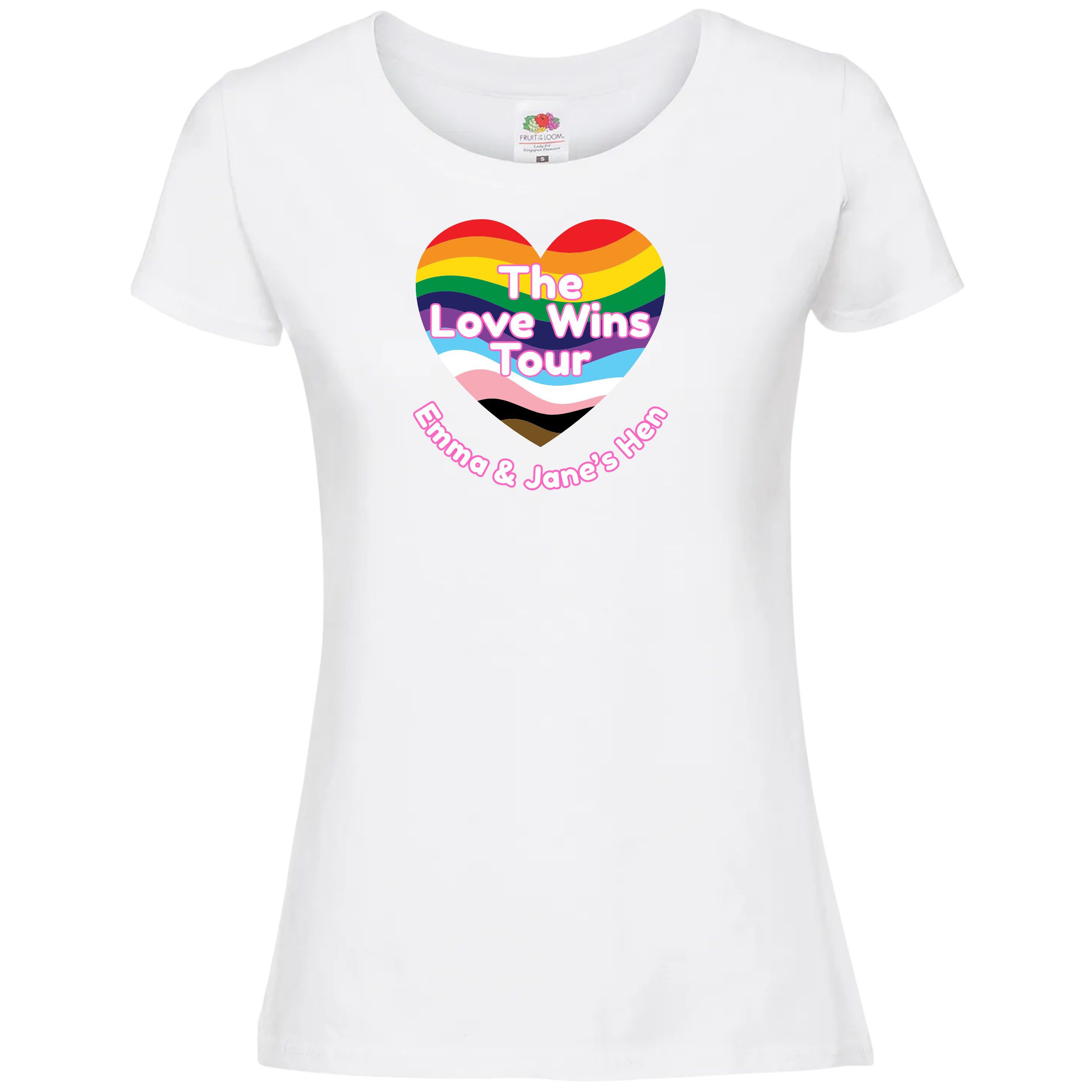 White ladies fit cotton T-shirt with rainbow heart graphic and “The Love Wins Tour” text, personalised with bride names, ideal for LGBTQ+ hen parties.