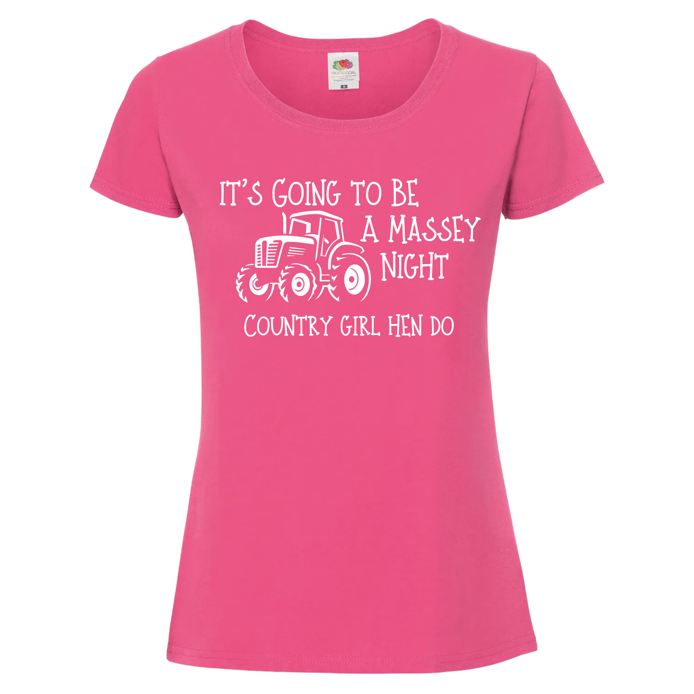 Pink ladies fit cotton T-shirt featuring tractor graphic and text “It’s Going to Be a Massey Night – County Girl Hen Do,” perfect for Irish countryside hen parties.