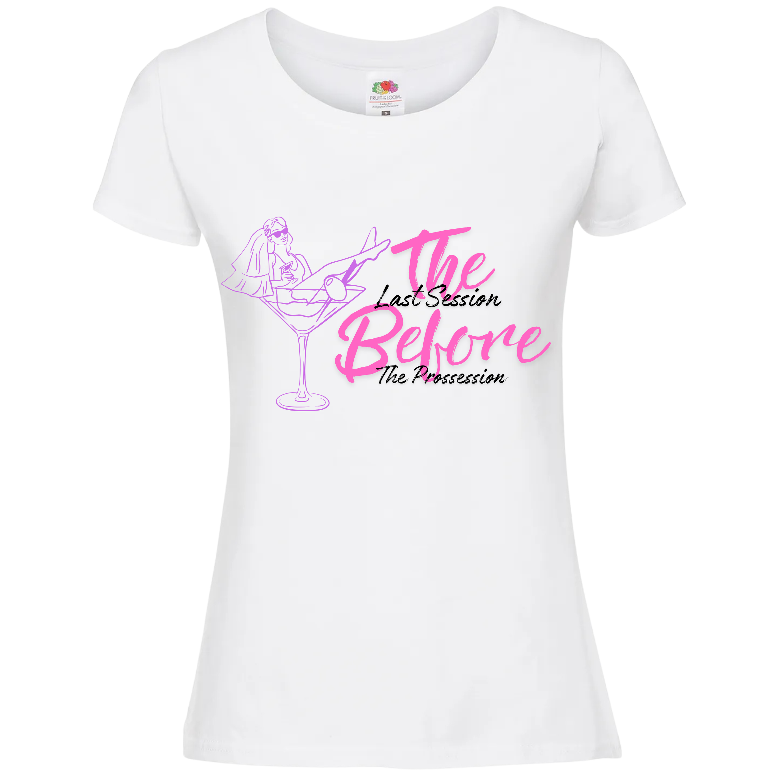 White ladies fit cotton bride T-shirt featuring purple line art of bride in cocktail glass and pink text “The Last Session Before the Procession,” ideal for pre-wedding celebrations.