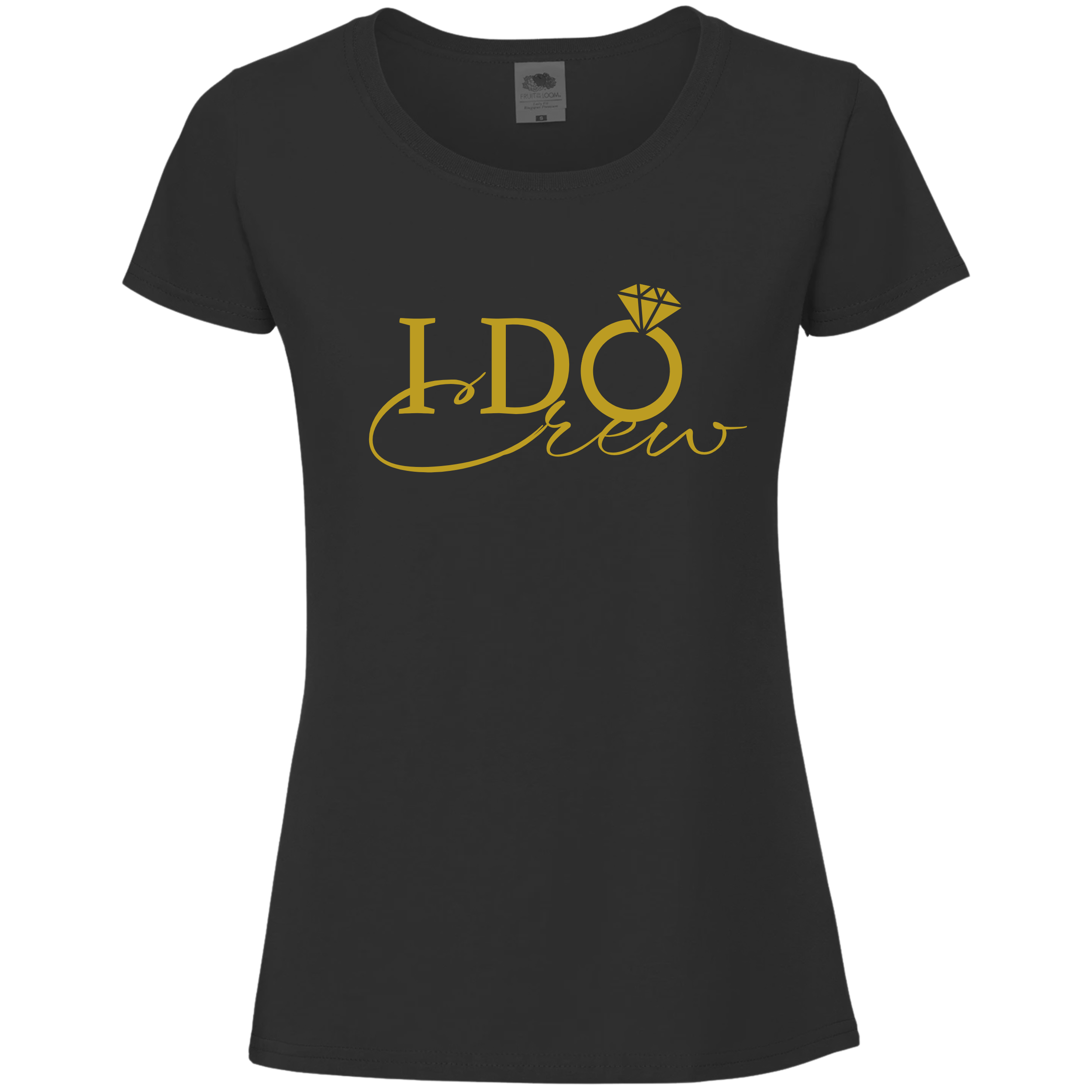 Black ladies fit cotton T-shirt with gold “I Do Crew” print, featuring engagement ring “O” design, perfect for Irish hen parties.