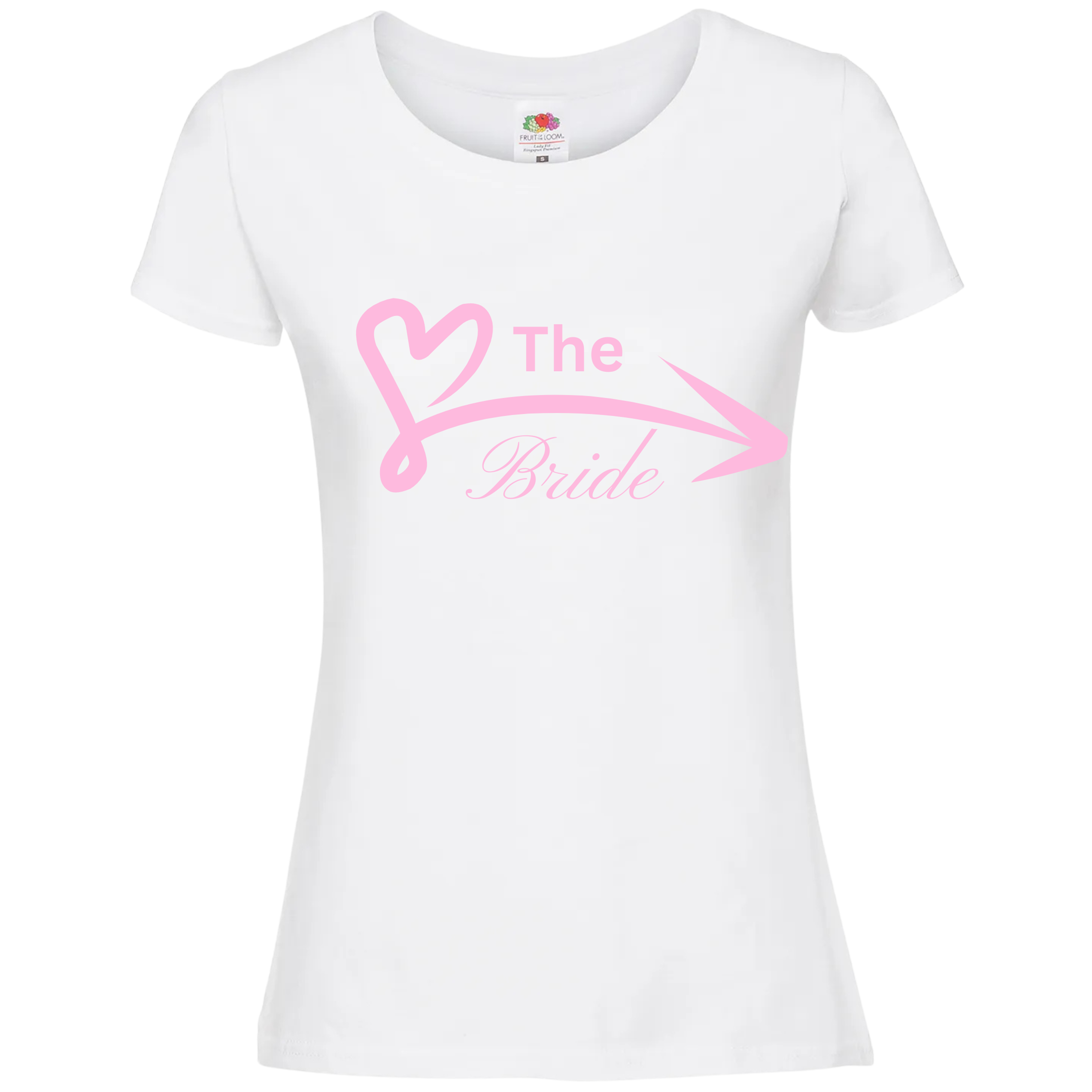 White ladies fit cotton hen party T-shirt with light pink heart connected to arrow graphic, available in three versions: Bride, Bridesmaid, and Tribe, perfect for coordinated squad looks.