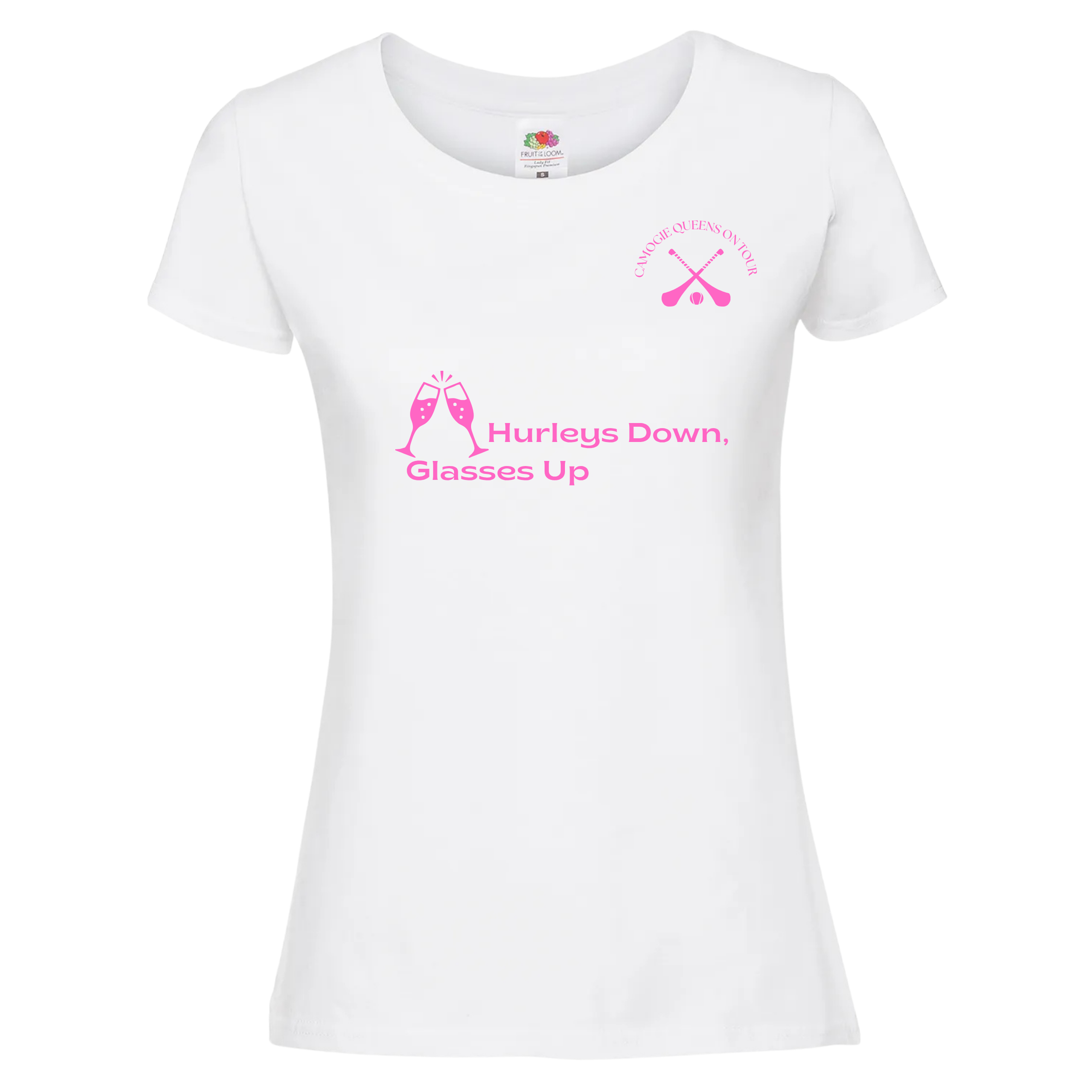 white-camogie-queen-on-tour-bride-tshirt-ladies-fit text hurlys down glasses up