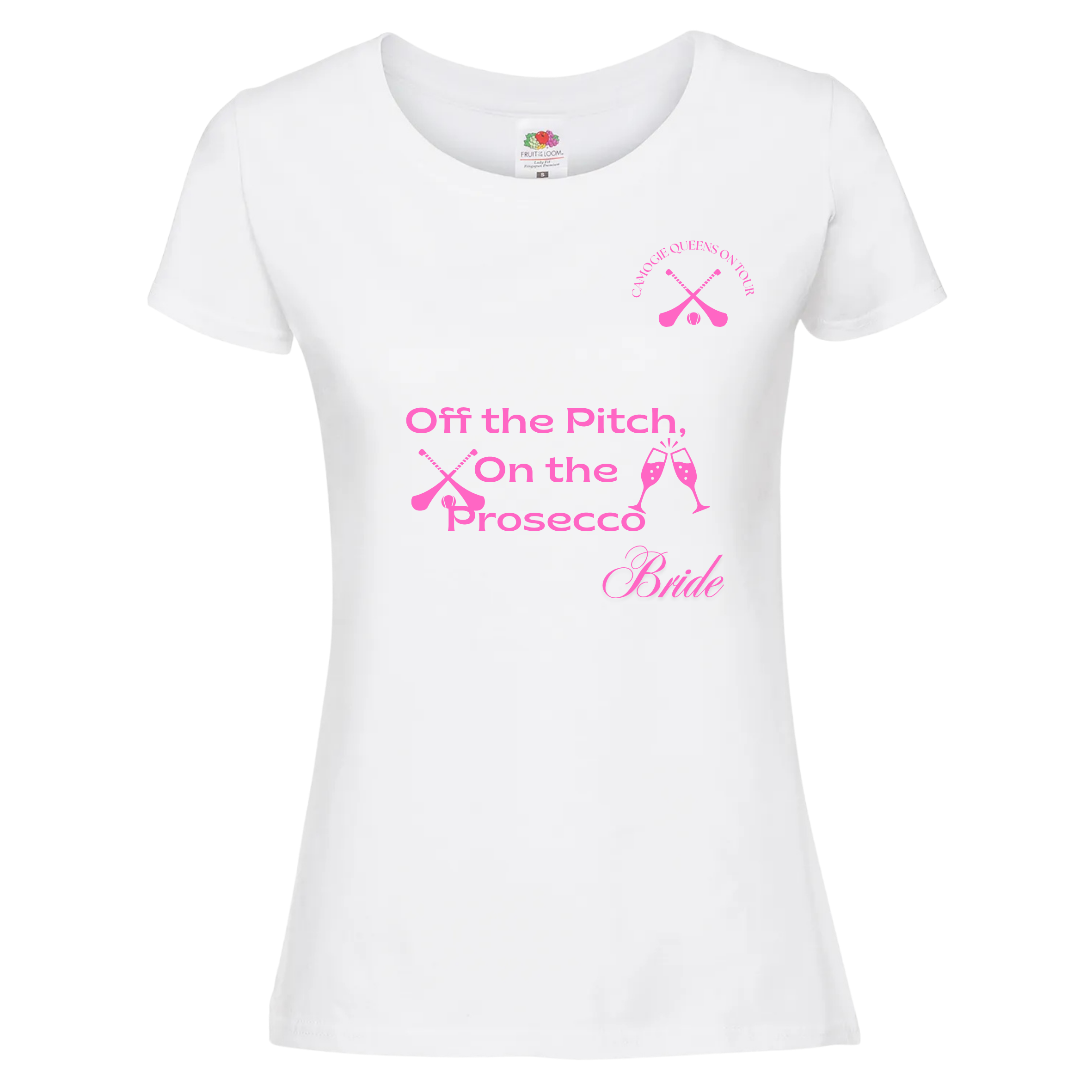 White ladies fit cotton bride T-shirt with pink camogie crest, “Off the Pitch, On the Prosecco” slogan, and script “Bride” design, ideal for sporty Irish hen parties.