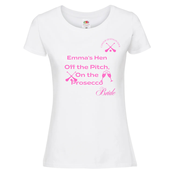 “Camogie Queen On Tour” Bride T-Shirt – White Cotton Ladies Fit with Pink Graphics - Image 4