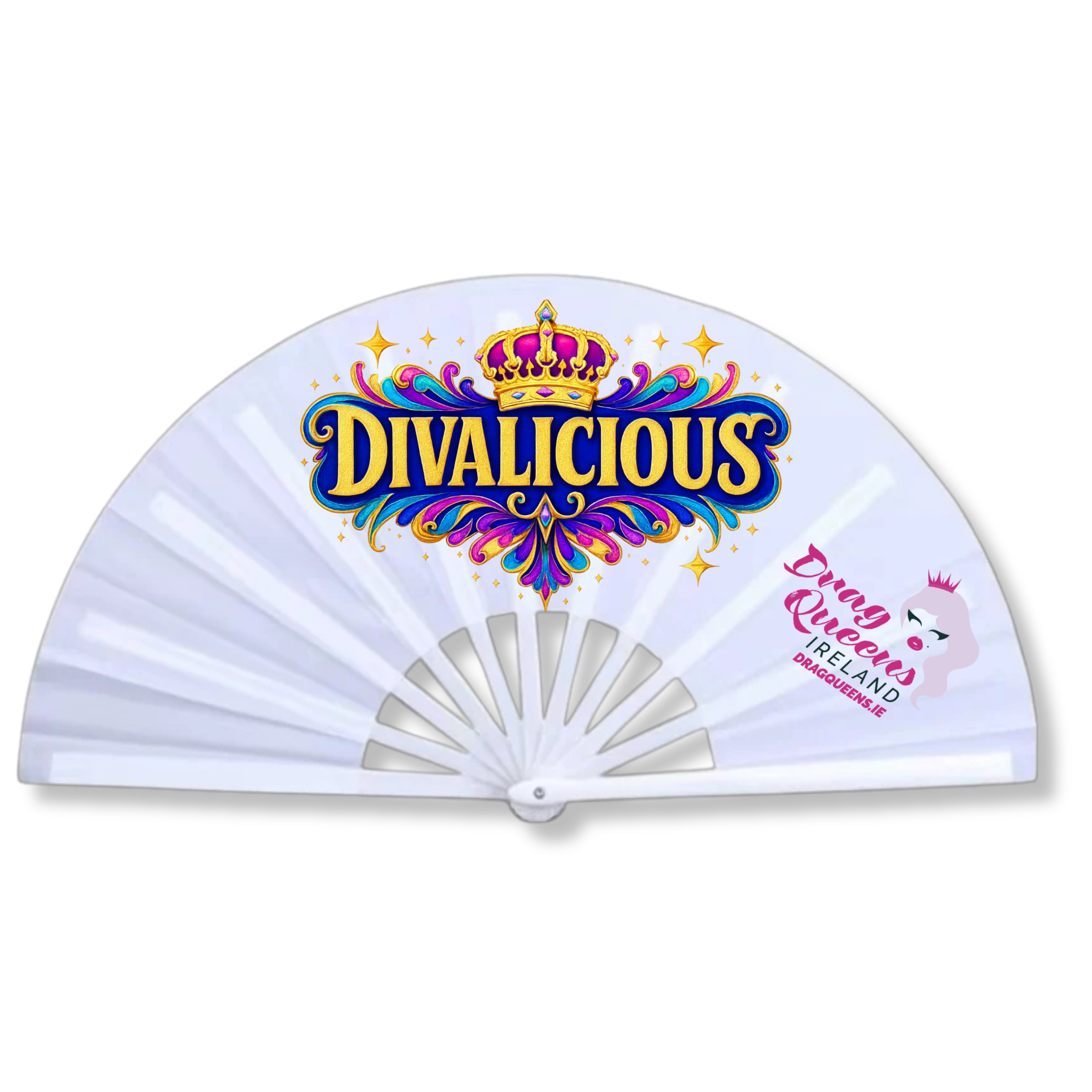 Extra-large white nylon fan featuring the official Divalicious logo, ideal for Pride, drag shows, festivals, and hen parties.