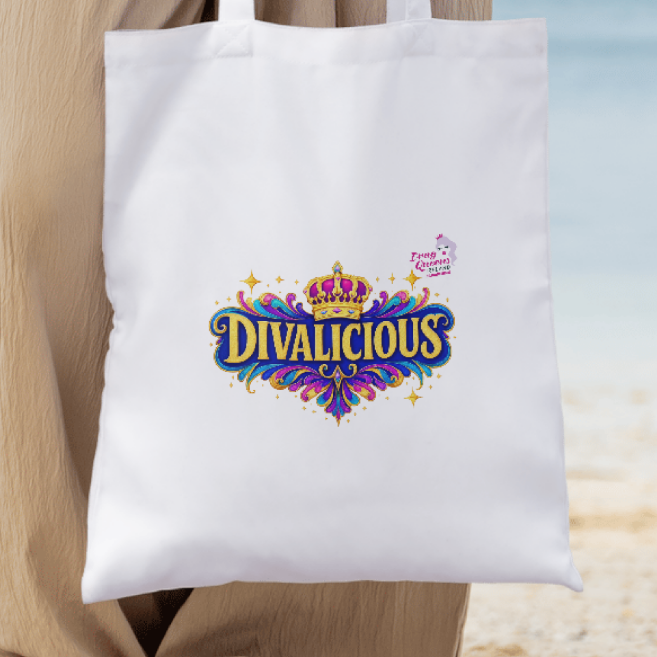 White cotton tote bag featuring the official Divalicious logo, perfect for Pride, drag events, hen parties, and everyday use.