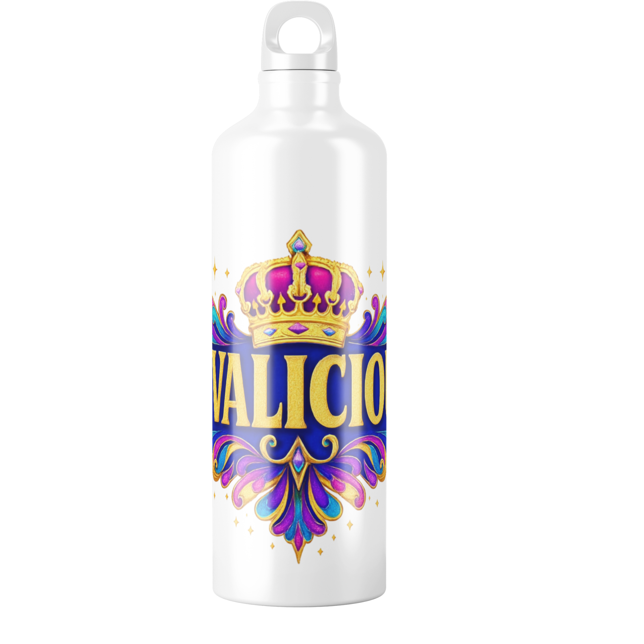 White aluminium water bottle featuring the official Divalicious logo, reusable, lightweight, perfect for Pride, drag shows, festivals, and hen parties.
