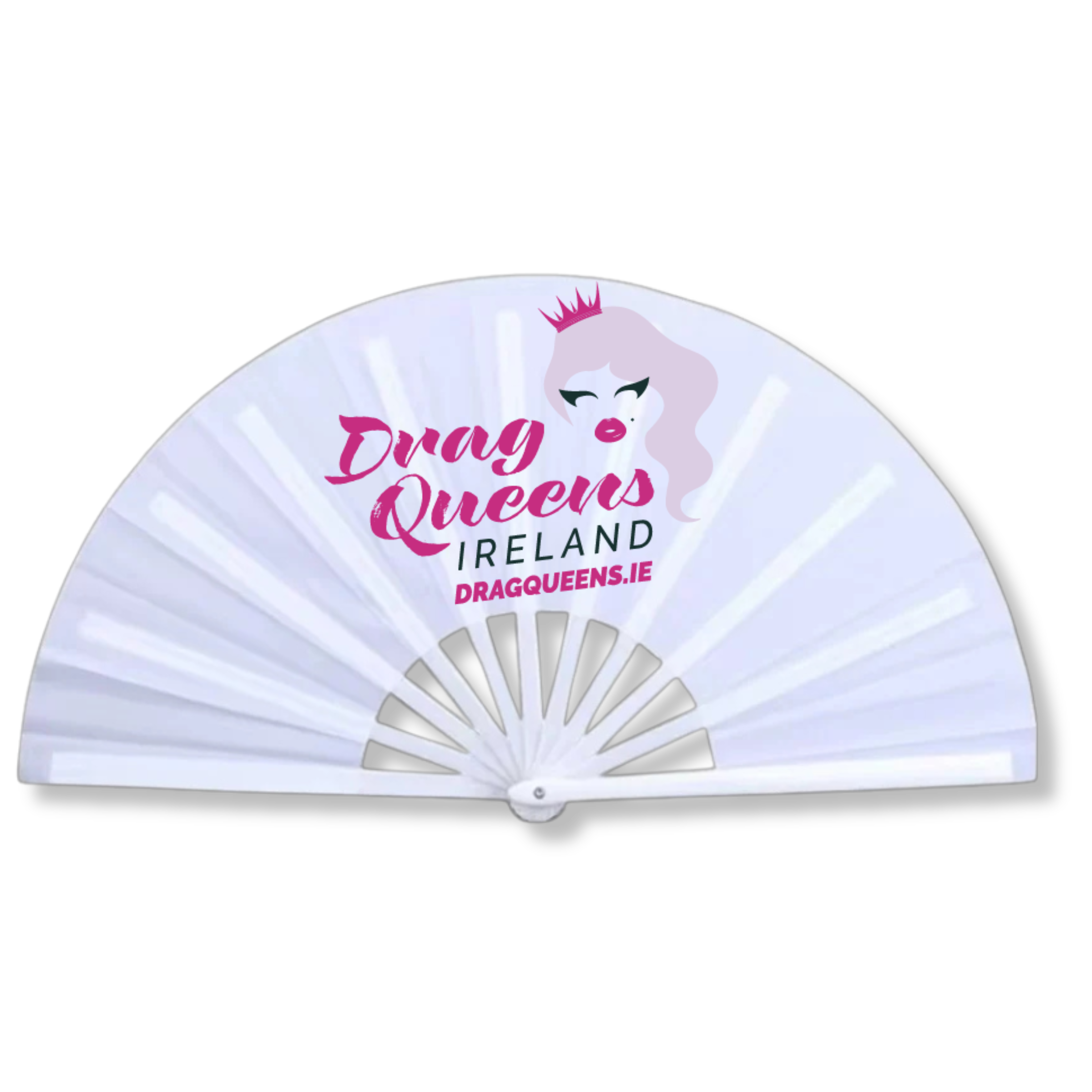 Extra-large white nylon fan featuring the official Drag Queens Ireland logo, perfect for Pride, drag shows, and festivals.