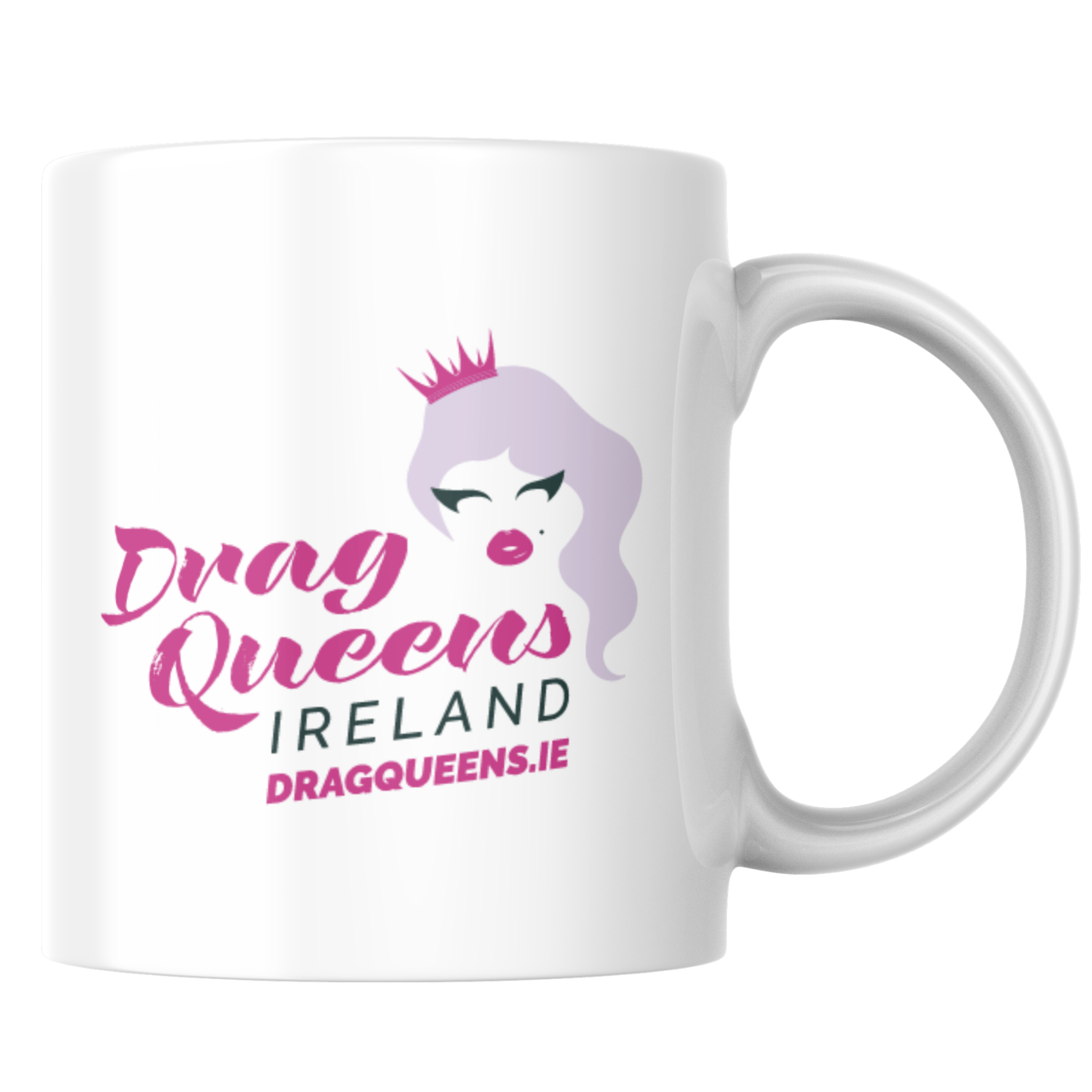 White 11oz ceramic mug featuring the official Drag Queens Ireland logo, perfect for coffee, tea, and drag fans.