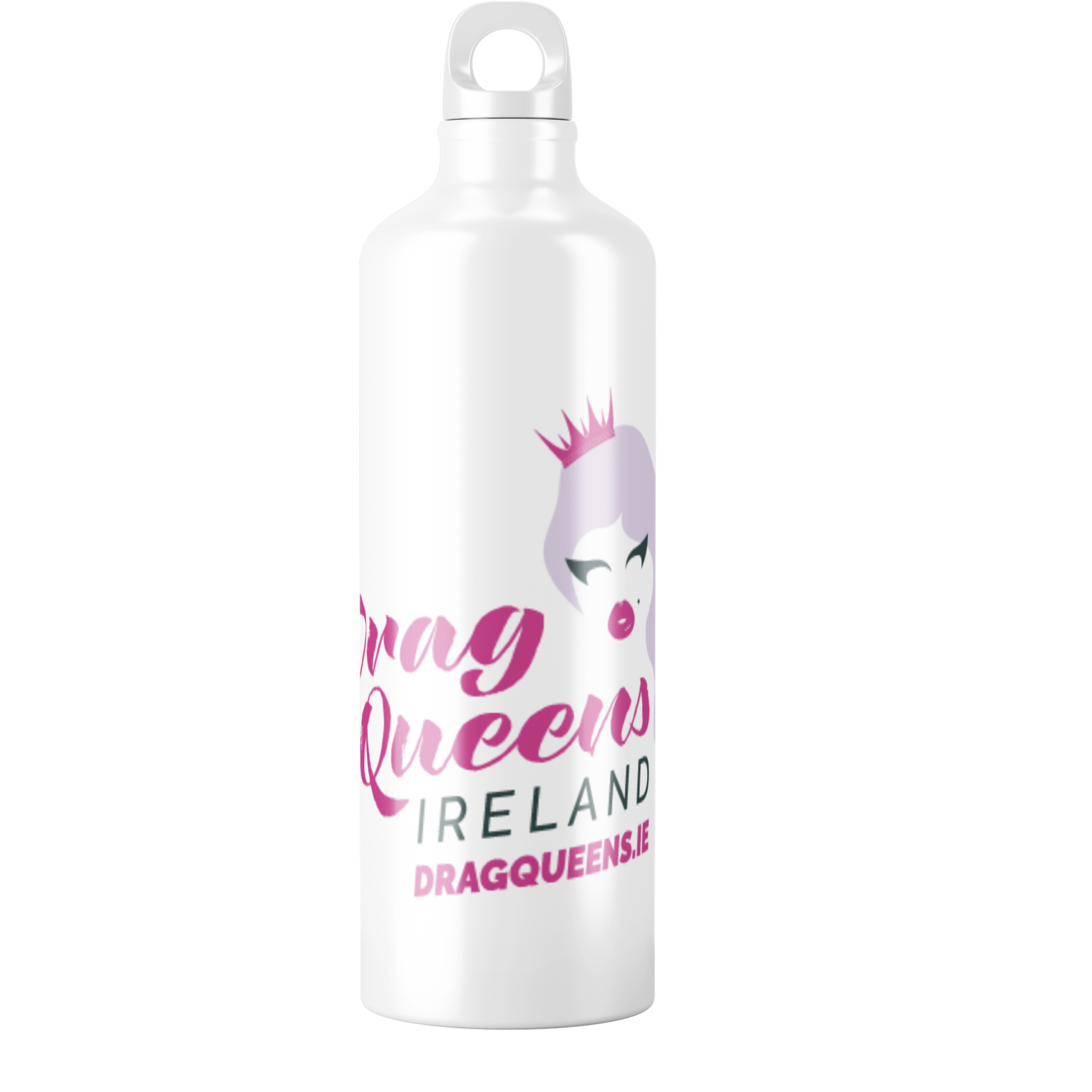 White aluminium water bottle featuring the official Drag Queens Ireland logo, reusable and lightweight, ideal for Pride, drag shows, festivals, and hen parties.