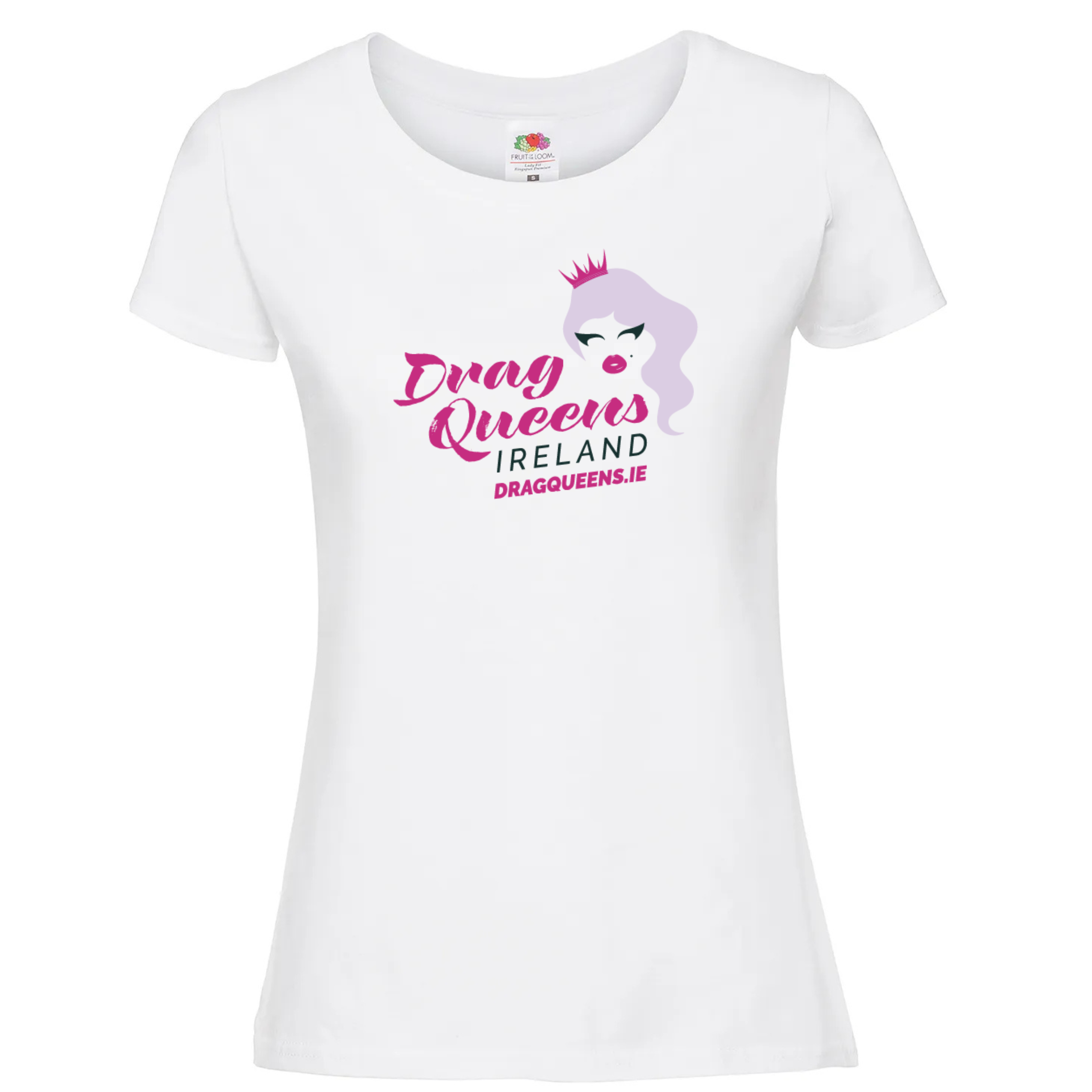 White cotton T-shirt with bold Drag Queens Ireland logo printed on the front, official merchandise supporting Irish drag performers.