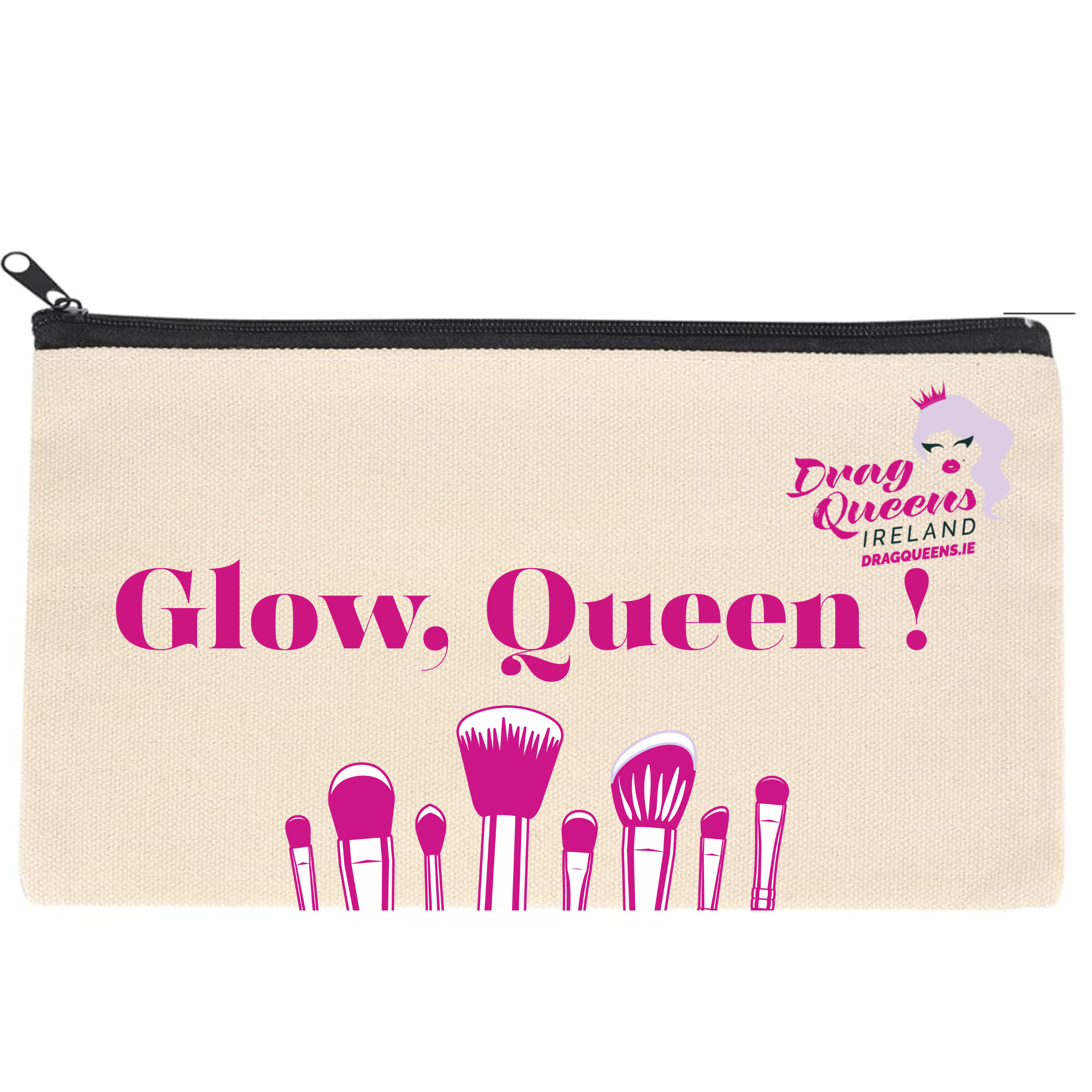 Beige makeup pouch with Drag Queens Ireland logo, bold pink “Glow, Queen!” text, and decorative pink makeup graphics, 21cm x 11cm.