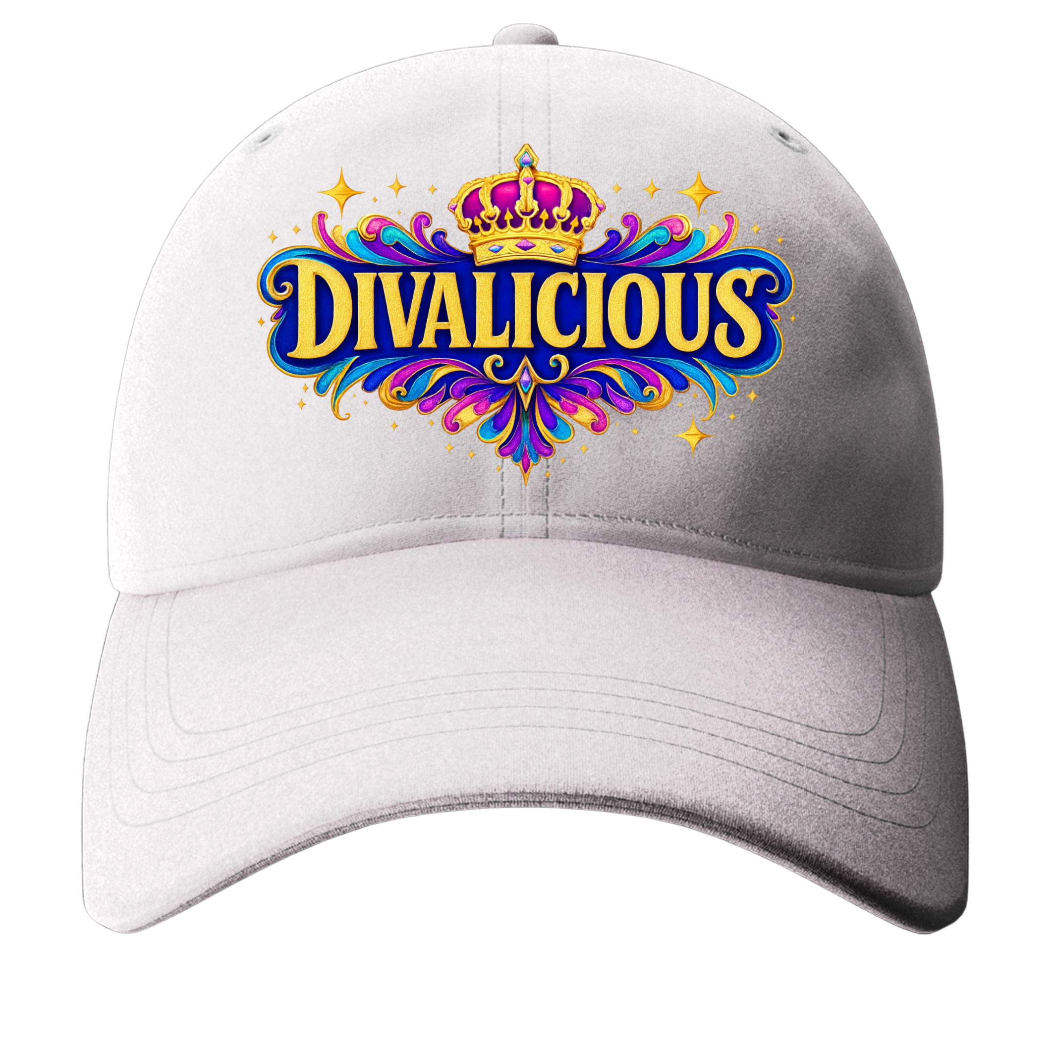 White adjustable baseball cap featuring the official Divalicious logo, perfect for Pride, drag shows, festivals, and hen parties.