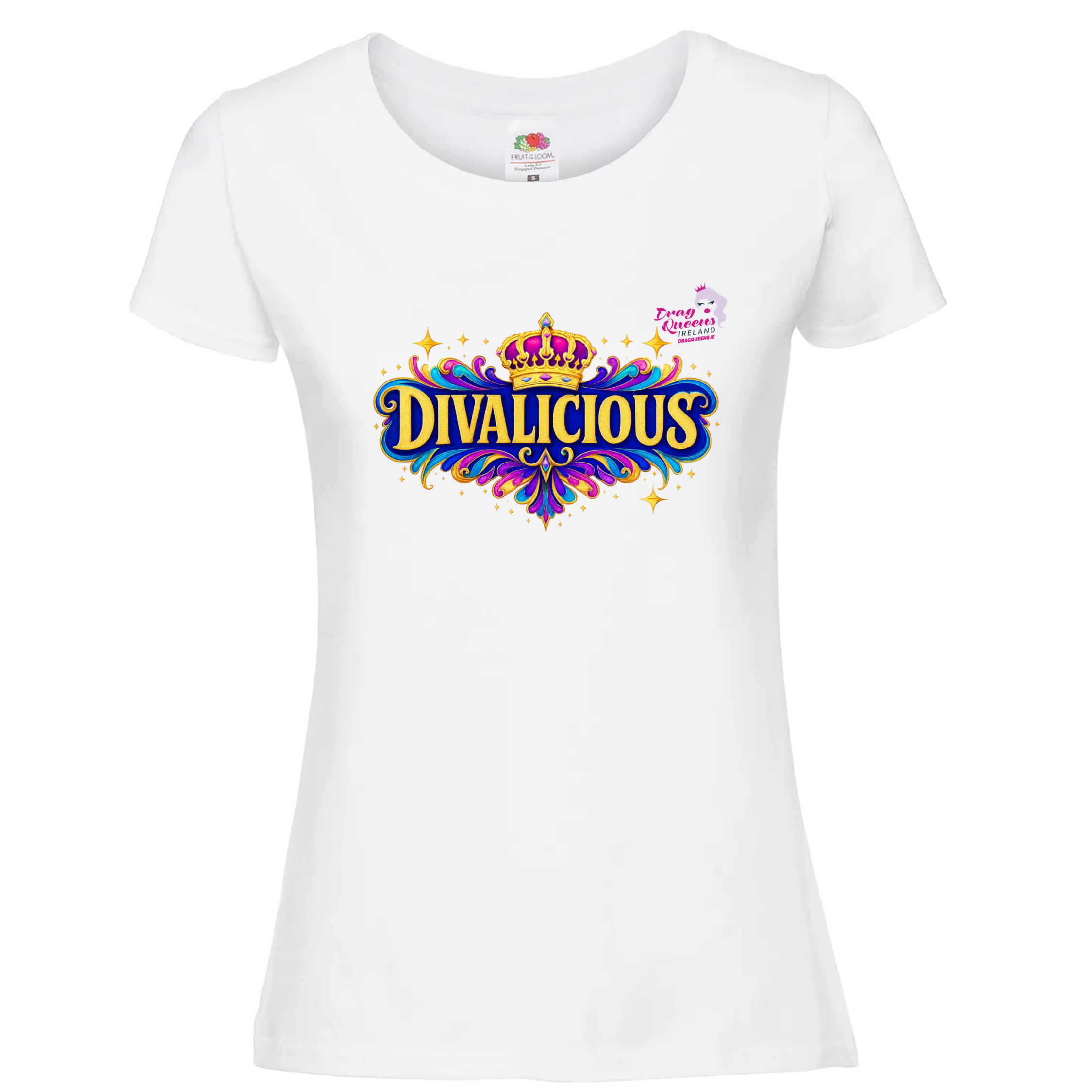 White cotton T-shirt featuring the official Divalicious logo, Irish drag queen merchandise for Pride, shows, and fans.