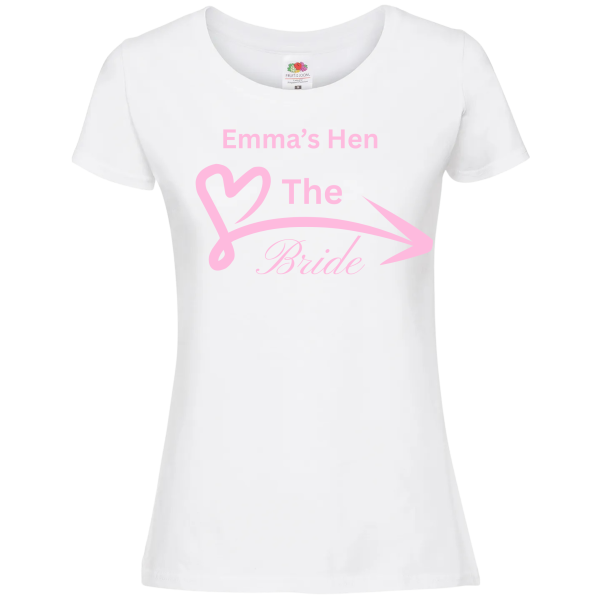 The Bride Heart Arrow” Hen Party T-Shirt – White Cotton Ladies Fit - Image 7